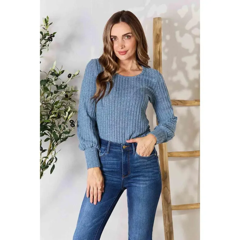 Double Take Ribbed Round Neck Lantern Sleeve Blouse - Picture 11 of 15